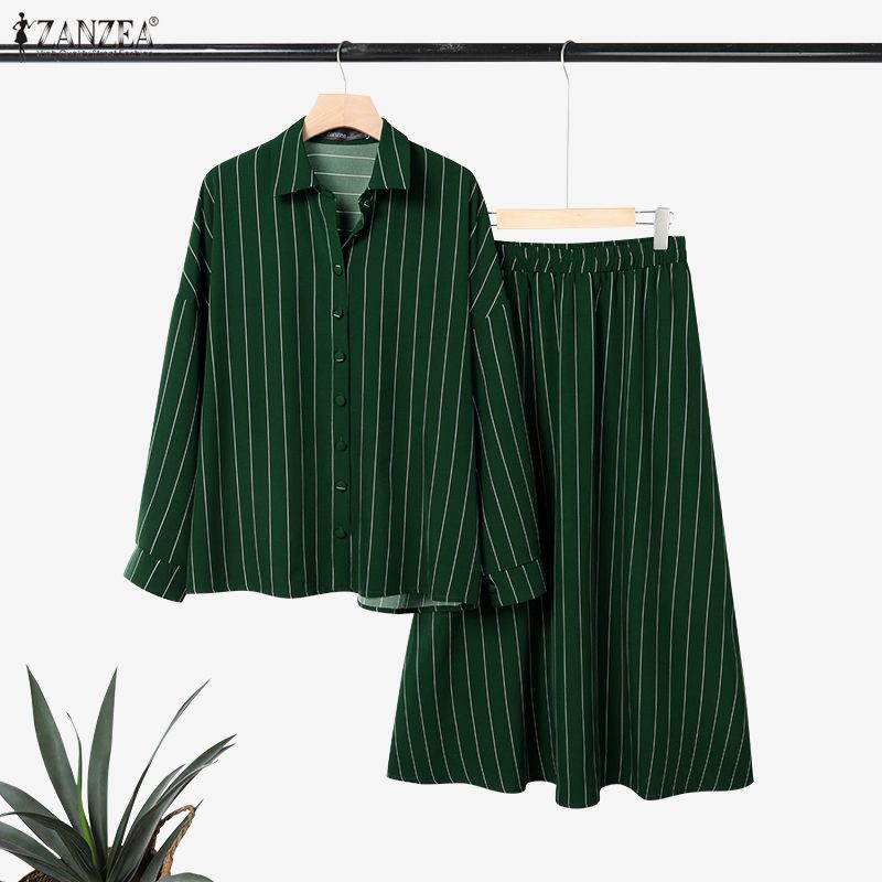 ZANZEA Women Long Sleeve Blouse and Long Skirts Stripe Print Two Piece Suit Sets