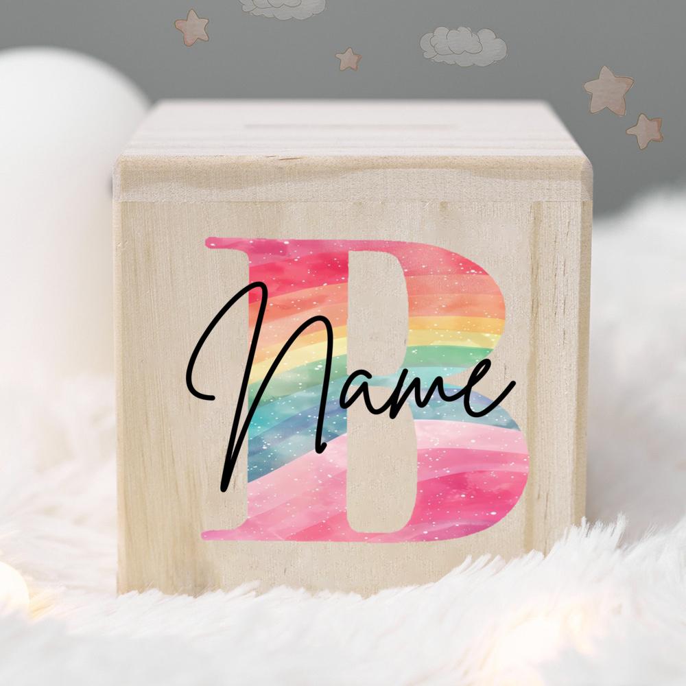 Personalized Money Box Kids Money Boxes Rainbow Letter with Name Coin Collection Box Wooded Coin Bank Child Birthday Shower Gift