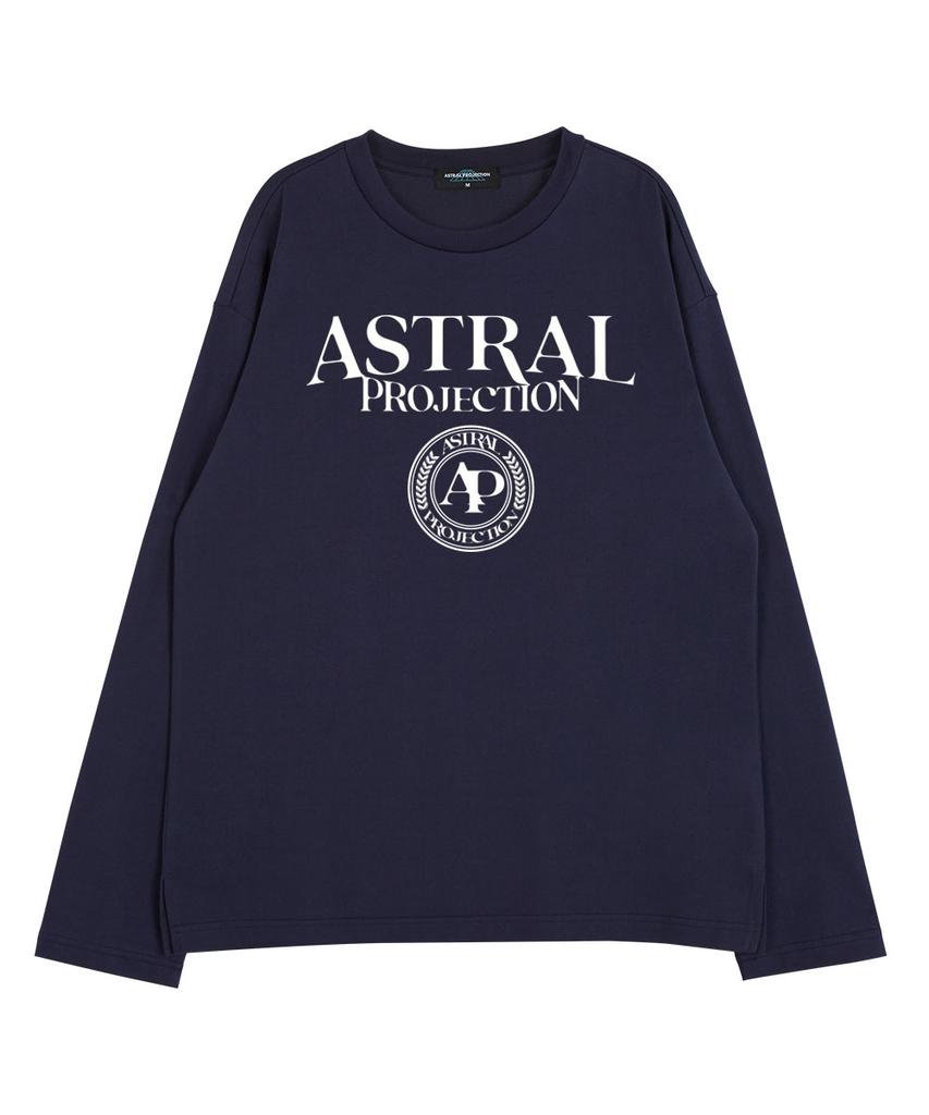 ASTRAL PROJECTION Lettering Logo Emblem Round Neck 13-Count Cotton Long Sleeve T-Shirt_Navy