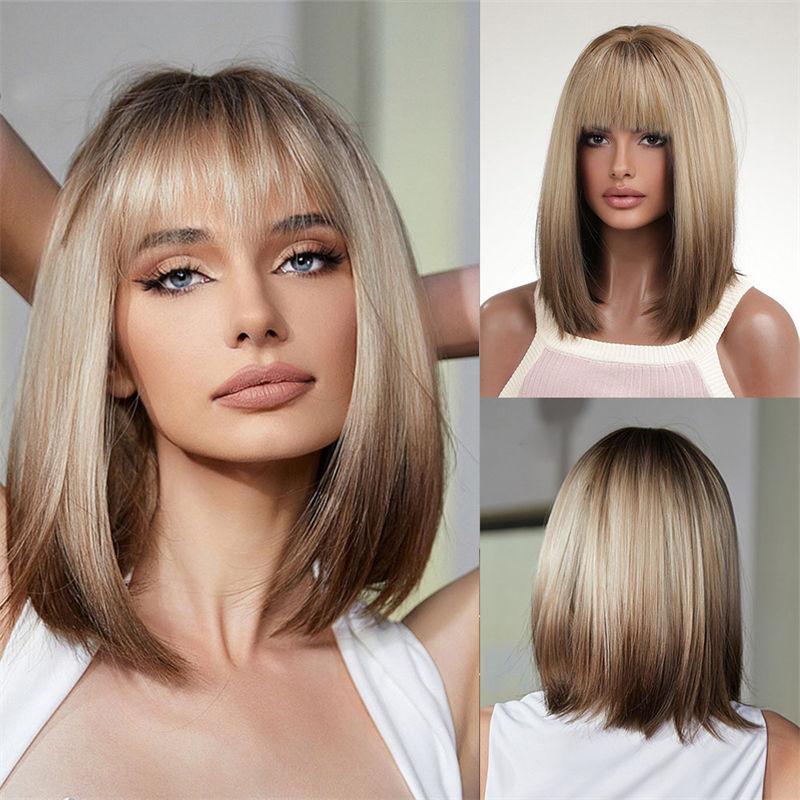 Clavicola Scalpo Corto Capelli Naturali Sfumati Capelli Medi Lunghi Capelli Artificiali Dorati Parrucca Liscia Femminile