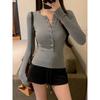 Women's Button Henley Neck Regular Shoulder Long Sleeve Top Slim Fit Ribbed Knit Cropped T-shirt Y2K Hot Girl Fall Basic Layering Blouse