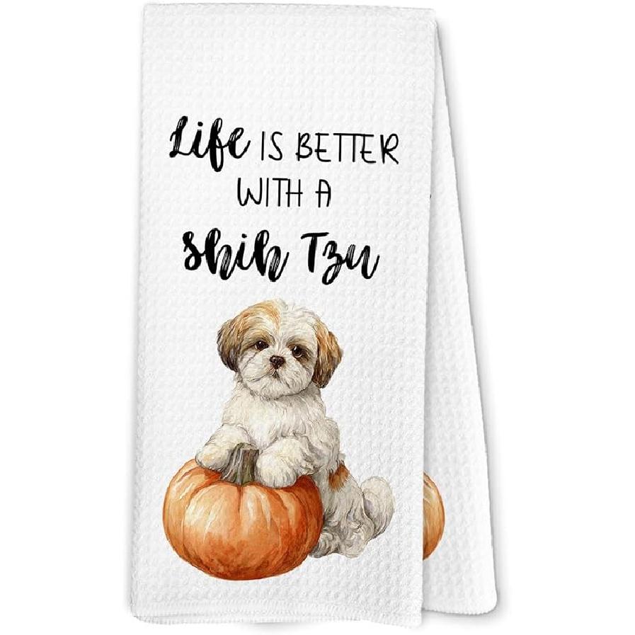 Shih Tzu Gifts Fall Kitchen Towels, Pumpkin Dog Decor Dish Towel for Kitchen, Gifts for Dog Lovers, Life is Better with A Shih Tzu Halloween Autumn
