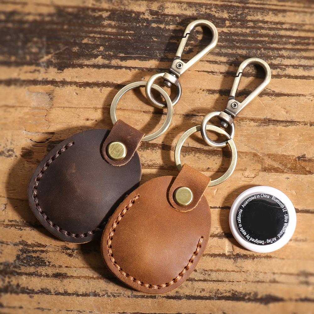 Cowhide Waterdrop IC Induction Access Card Holder - Hand-Stitched Leather Keychain Case
