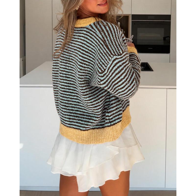 Cardigan lavorato a maglia a righe da donna con scollo rotondo, maglione casual a cappotto