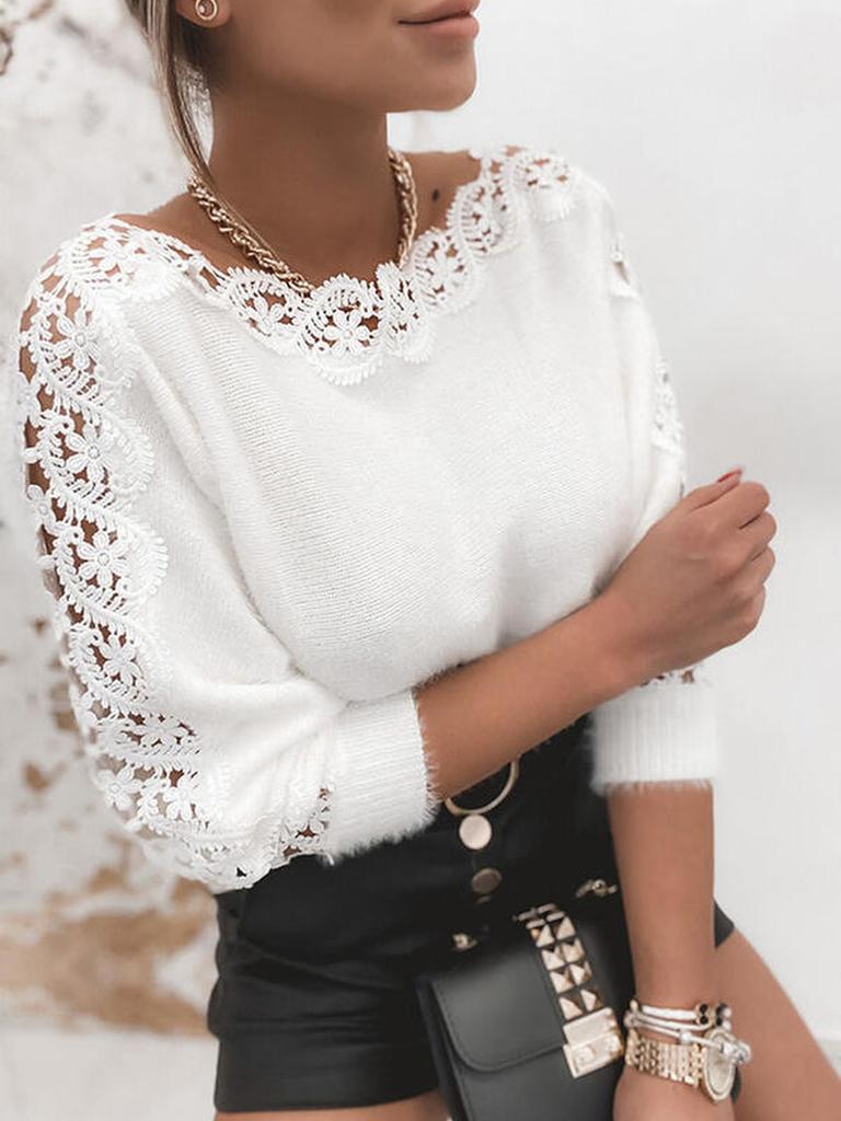 Ribbed Knit Sweater with One-Shoulder Lace Patch Detail Women's Top