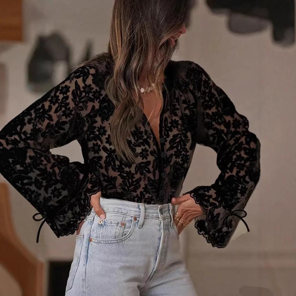 Summer Lace Shirt For Women With Long Sleeves And Round Neck In Pure Color For Street Style Fashion