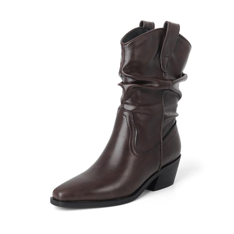 Fashion New Autumn Winter Split Leather Women Boots Fashion Pleated Square Toe Knight Boots for Women Chunky Heel Mid-calf Boots Shoes