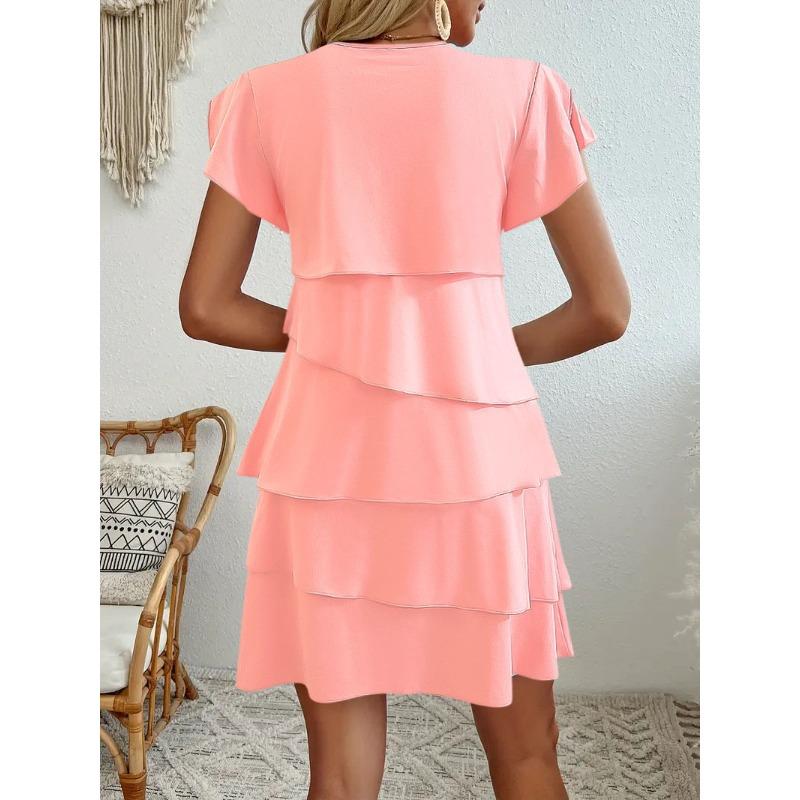 JKASHDK Women's Fashion Summer Spring Solid Color Print Short Sleeve O-Neck Middle Waistline Casual Dresses