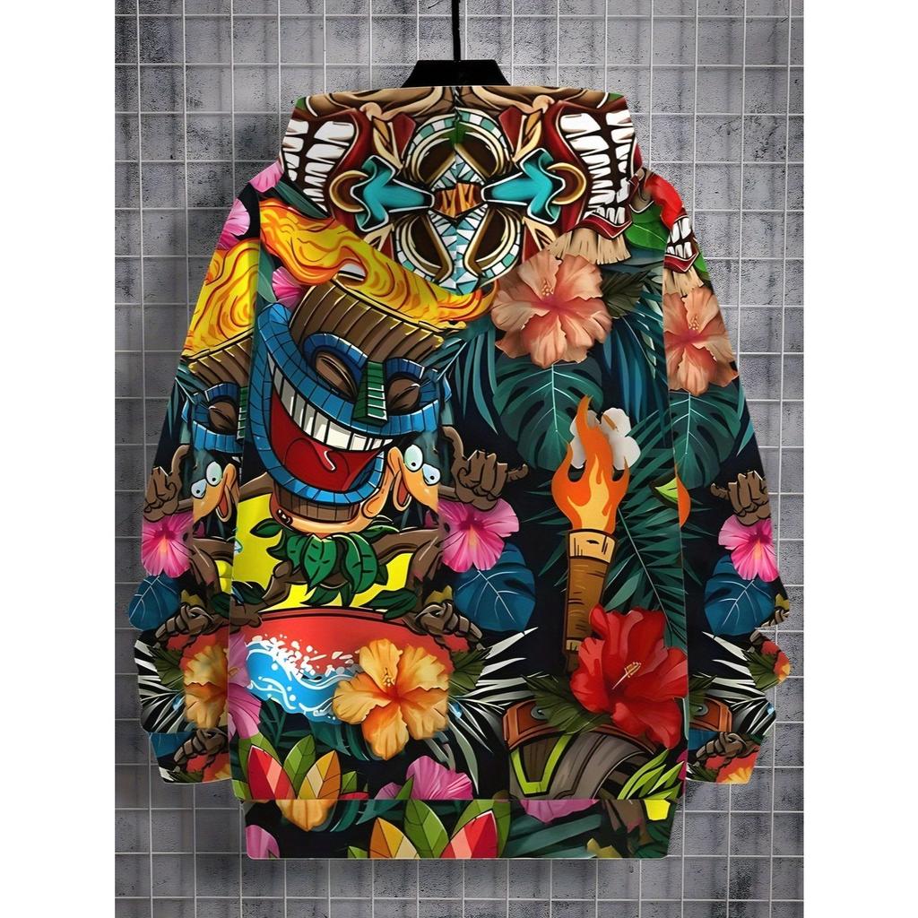 Boys' Hoodie - Tropical Hawaiian Totem and Flower Printed Hoodie, Long Sleeve Hoodie for Children, Children's Casual Wear, Bright Patterns