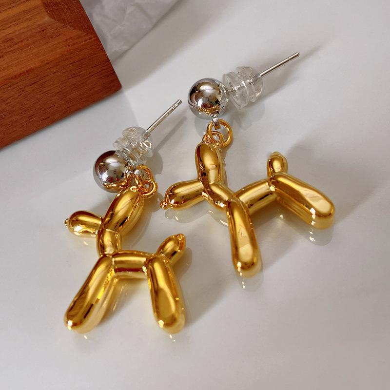 Gold and Silver Color Contrast Fashion Animal Balloon Dog Drop Earrings for Women Children Girls Punk Jewelry