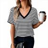 Women’s Short Sleeve V Neck Striped T Shirt Basic Summer Blouse Casual Loose Fit Lightweight Top for Daily Wear