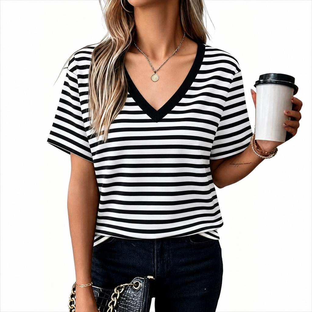 Women’s Short Sleeve V Neck Striped T Shirt Basic Summer Blouse Casual Loose Fit Lightweight Top for Daily Wear