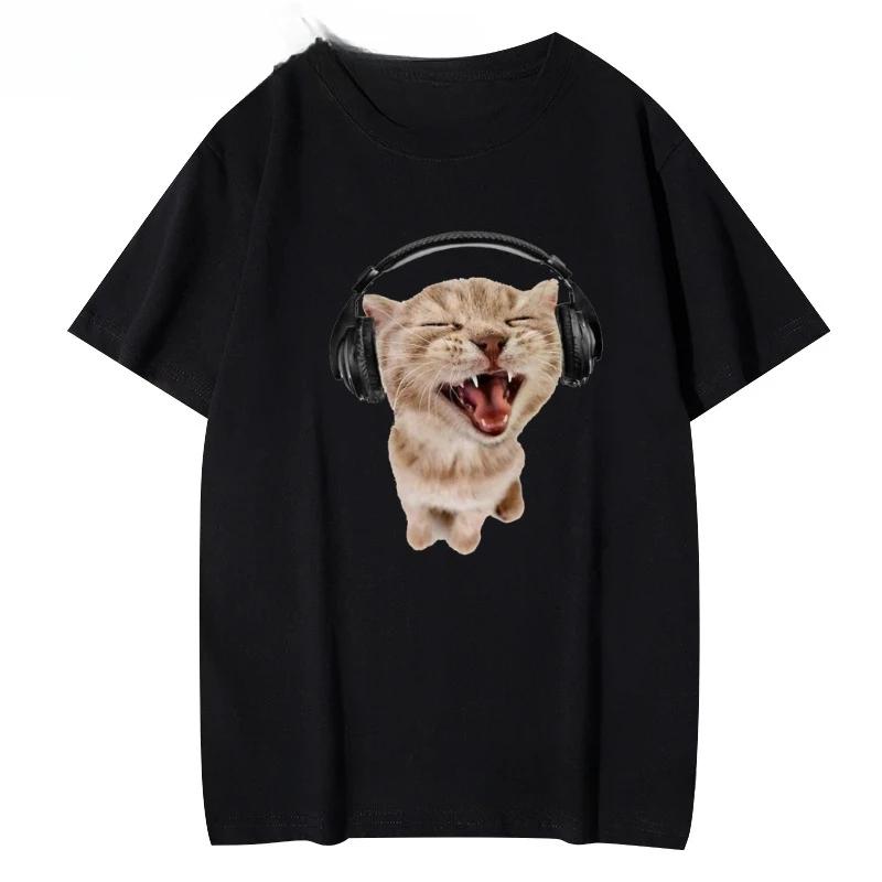 Round-neck Red T-shirt Women's T-shirt Top Women's T-shirt with Cute Kitten Wearing Headphones Print Short-sleeve for Women