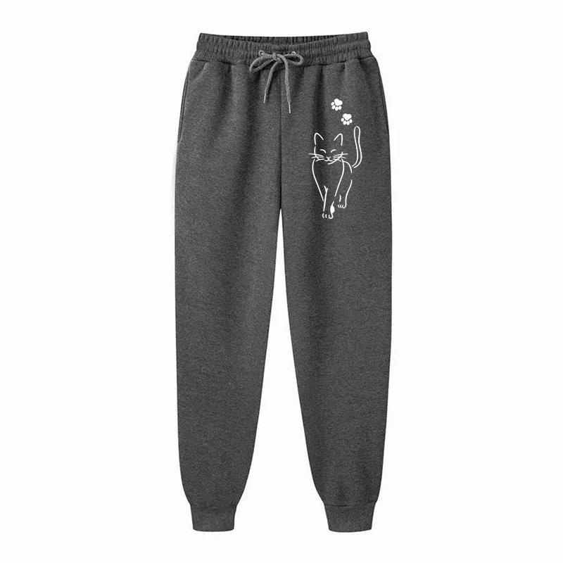 Elegant Cat Print Casual Versatile Pants Women Fashion Sports Fitness Jogging Pants Drawstring Pockets Sports Pants