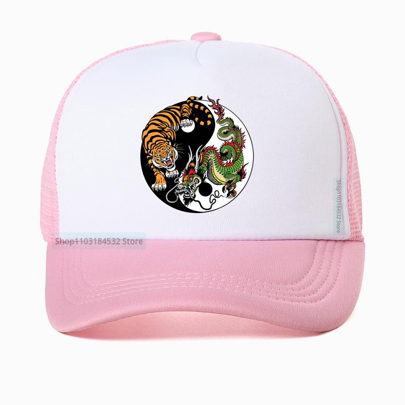 Chinese Dragon And Tiger Tattoo Print Mesh Baseball Cap Summer Adjustable Breathable Trucker Hat Fashion Casual Sun Hats