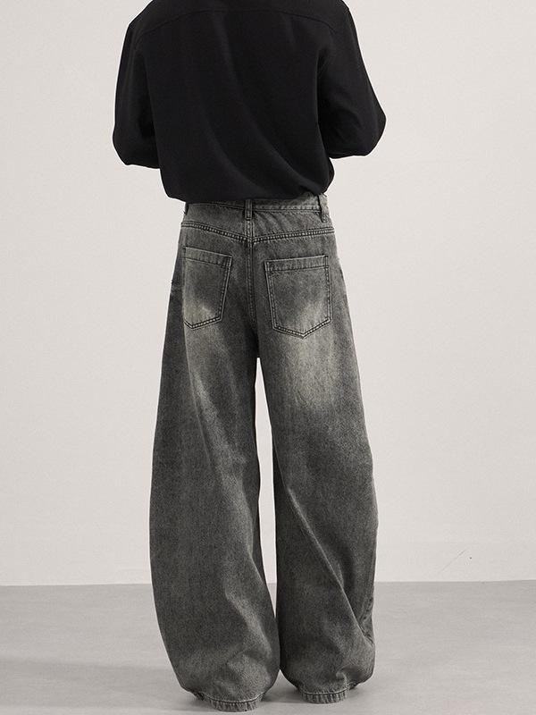 Men's Distressed Black-Gray Curved Blade Baggy Jeans - Unisex Casual Floor-Length Pants
