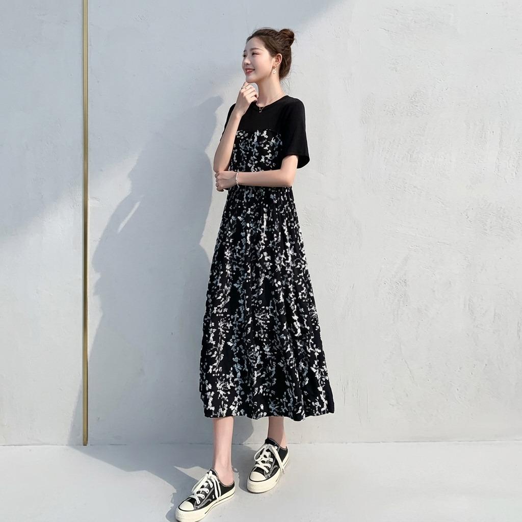 Women'S Summer Dress New Mid-Length Floral Dress Elegant High-Waisted Slimming Short-Sleeved Long Dress
