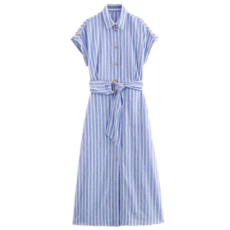

Fashion Style Summer New Women s Clothing Stripes Linen Blended Midi Skirt Shirt Dress Long Skirt 8282821 Blue XS