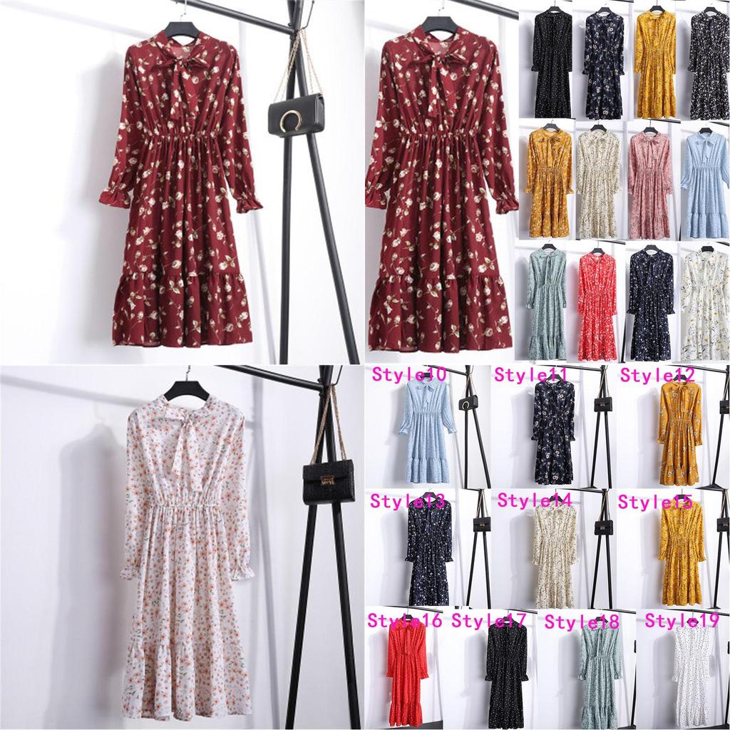Elegant Floral Chiffon Long Sleeve Casual Vintage Boho Maxi Dress For Women