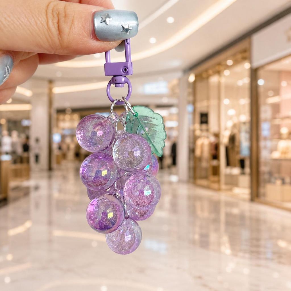 Clear Acrylic Grape Keychain with Anti-theft Phone Wristband and Fruit Bag Pendant
