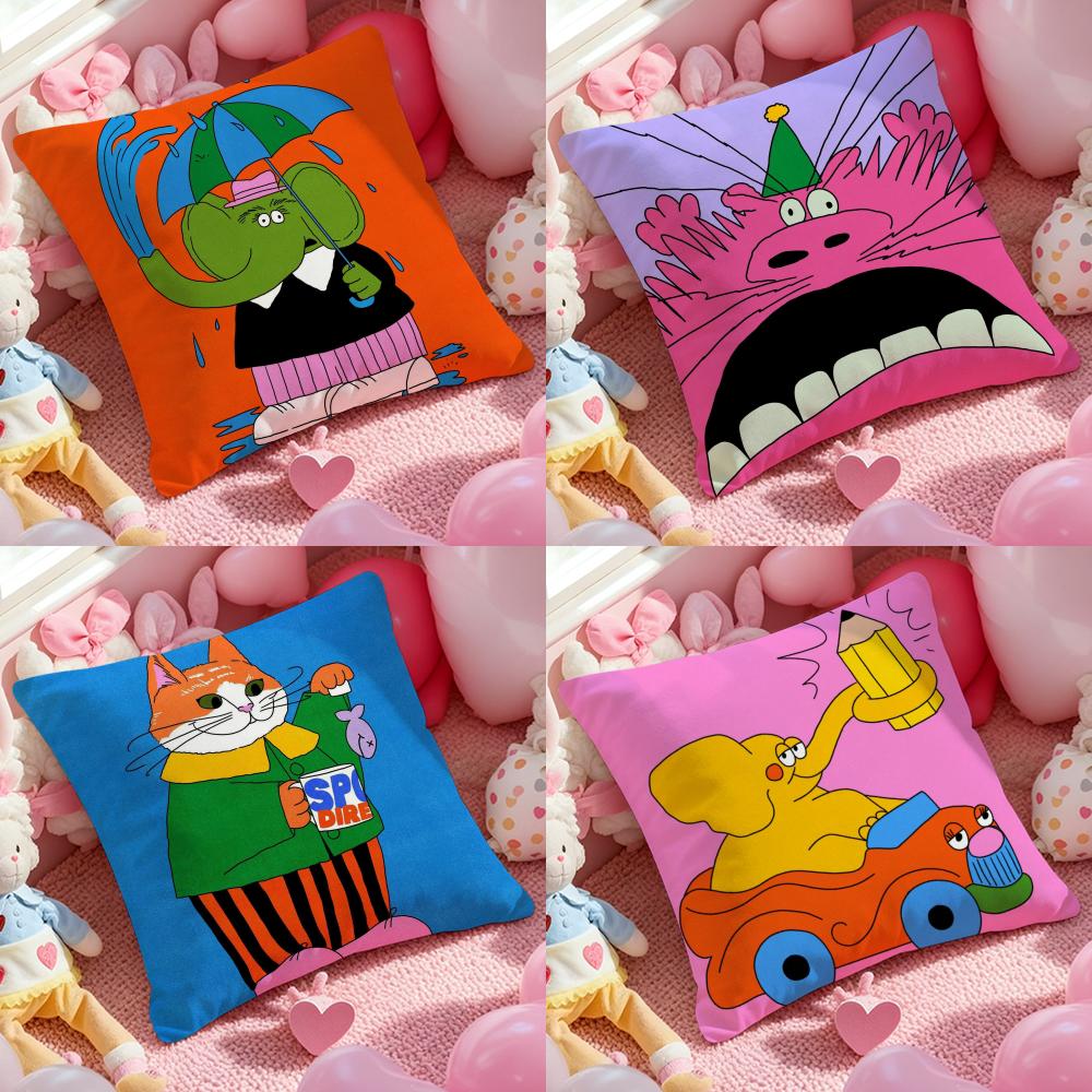 Cute Retro Illustration Cushion Cover Anti-dustmite Pillowcase Invisible Zipper Silky Short Plush Sofa Cushion Cover