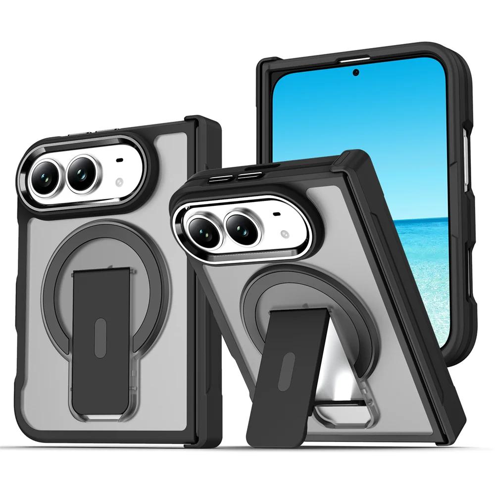Folding Holder Stand Magnetic Phone Case For IPhone Duo IPhone Duo 18 Ultra Hinge Armor Solid Color Frosted Translucent Cover