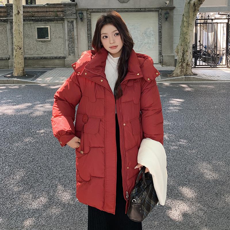 Women's Autumn and Winter Jacket Solid Color Hooded Mid-Length Thick Loose Women's Jacket 5 Colors