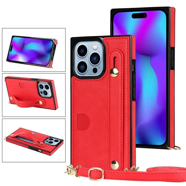 

For iPhone 15 Pro PU Leather+TPU Case Scratch-proof Card Slot Phone Cover with Strap Kickstand