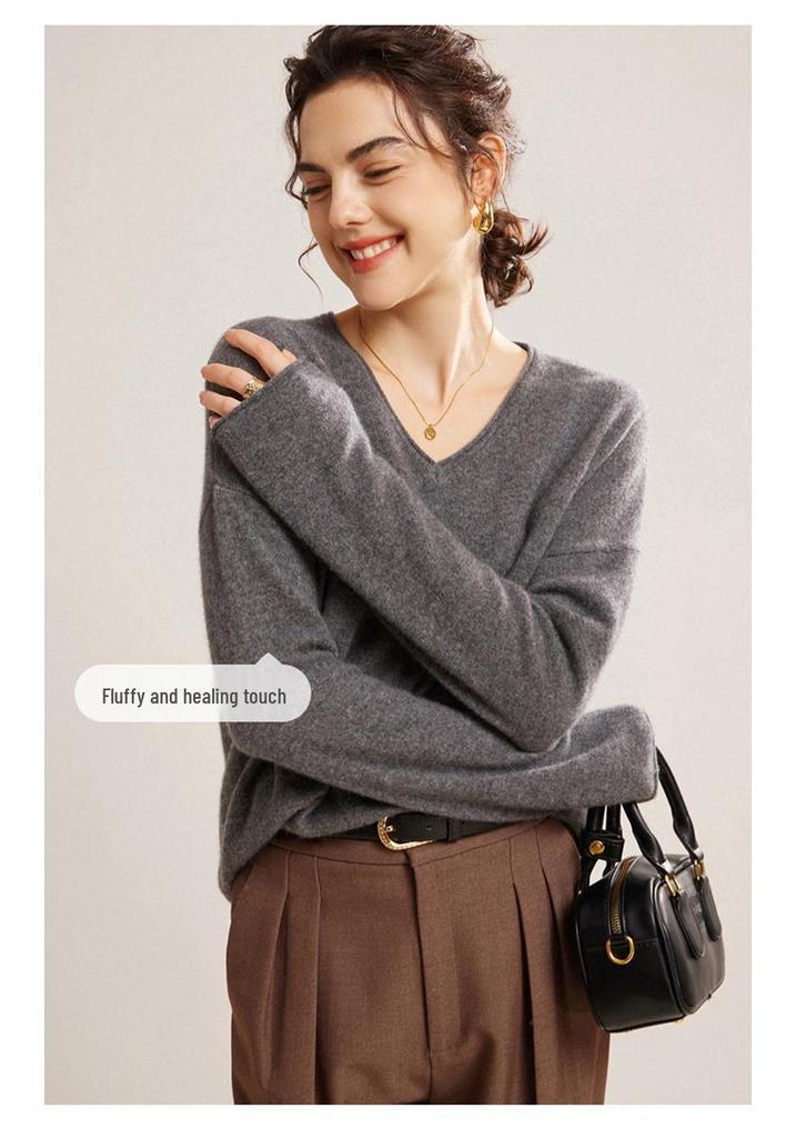 Women's V-Neck Cashmere Pullover Sweater - Loose Fit, Long Sleeve, Versatile for Autumn & Winter.