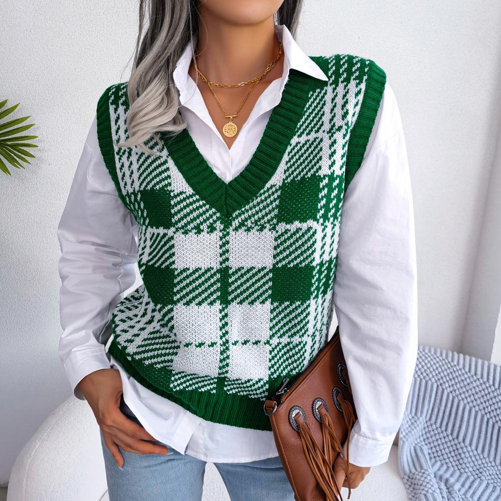 Women's Autumn and Winter Casual Contrast Plaid Knitted Tank Top Sweater Vest