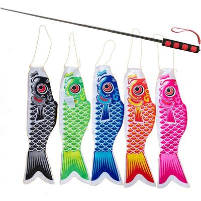 5-piece Japanese Carp Kites and 1.6-meter Telescopic Handheld Flagpole, Carp Flag Tassel Kites
