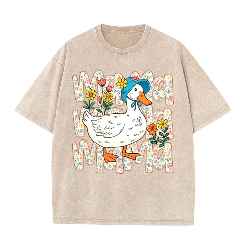 2026 Vintage Washed Black Tshirt Cute Mama Duck Floral Graphic Tee Retro Mothers Day Casual Oversized Streetwear For Women