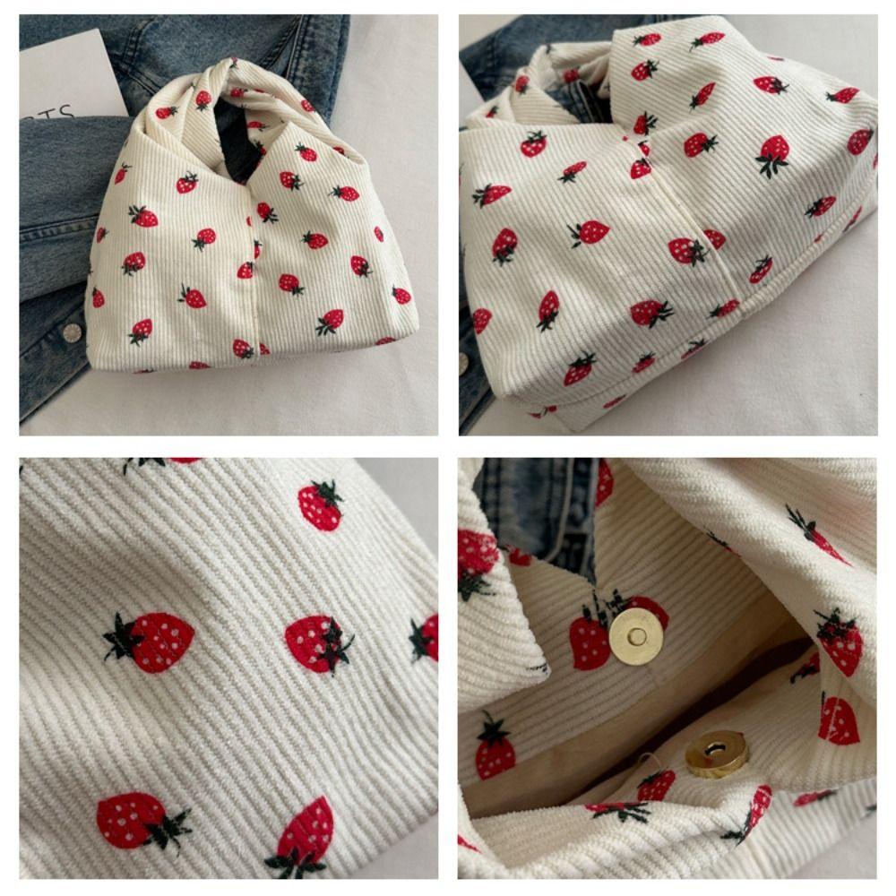 Canvas Cloth Bag Strawberry Printed Underarm Bag Fashion Corduroy Handbag  Mobile Phone Bag