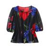 European and American Style French Women's Fashion Design Spot, Chiffon Printed Waist Crew Neck Top