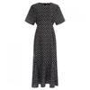 Shop Women Polka Dot Round Waist String Short Sleeve Long Dress Black Pic Wdr