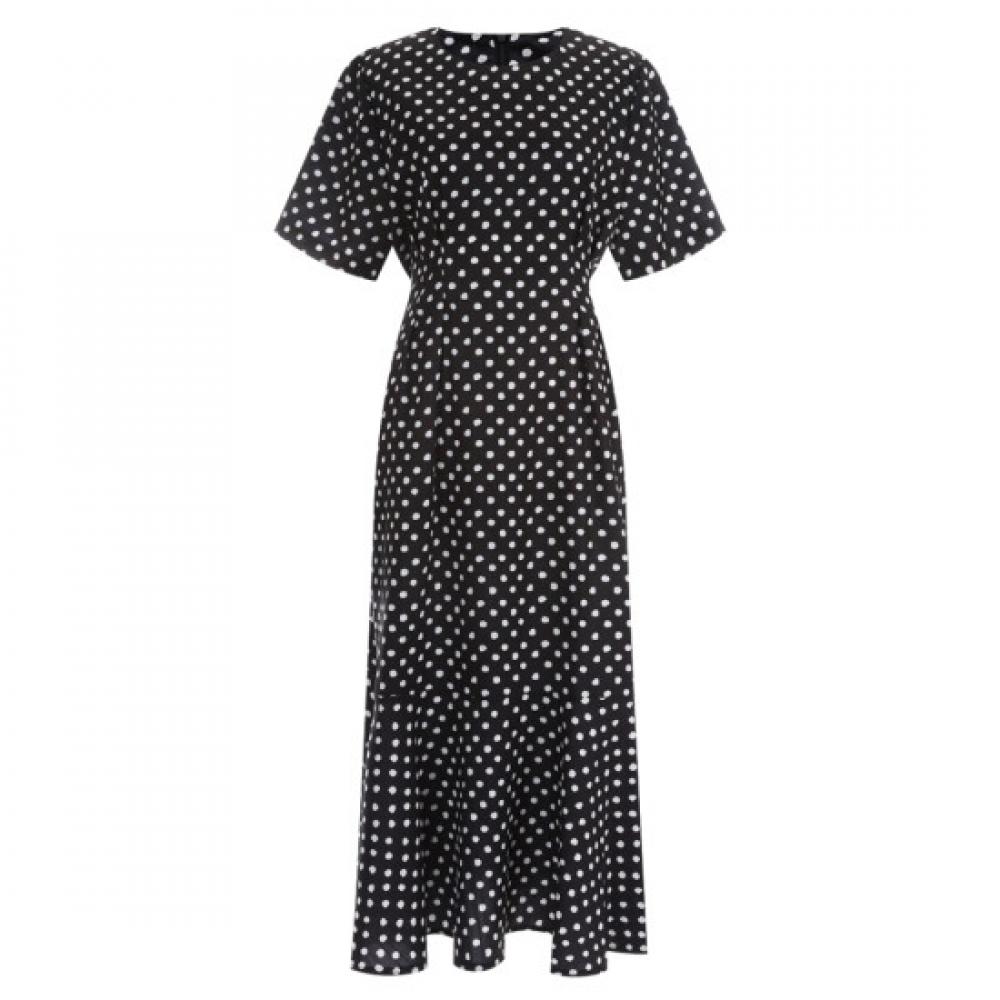 Shop Women Polka Dot Round Waist String Short Sleeve Long Dress Black Pic Wdr