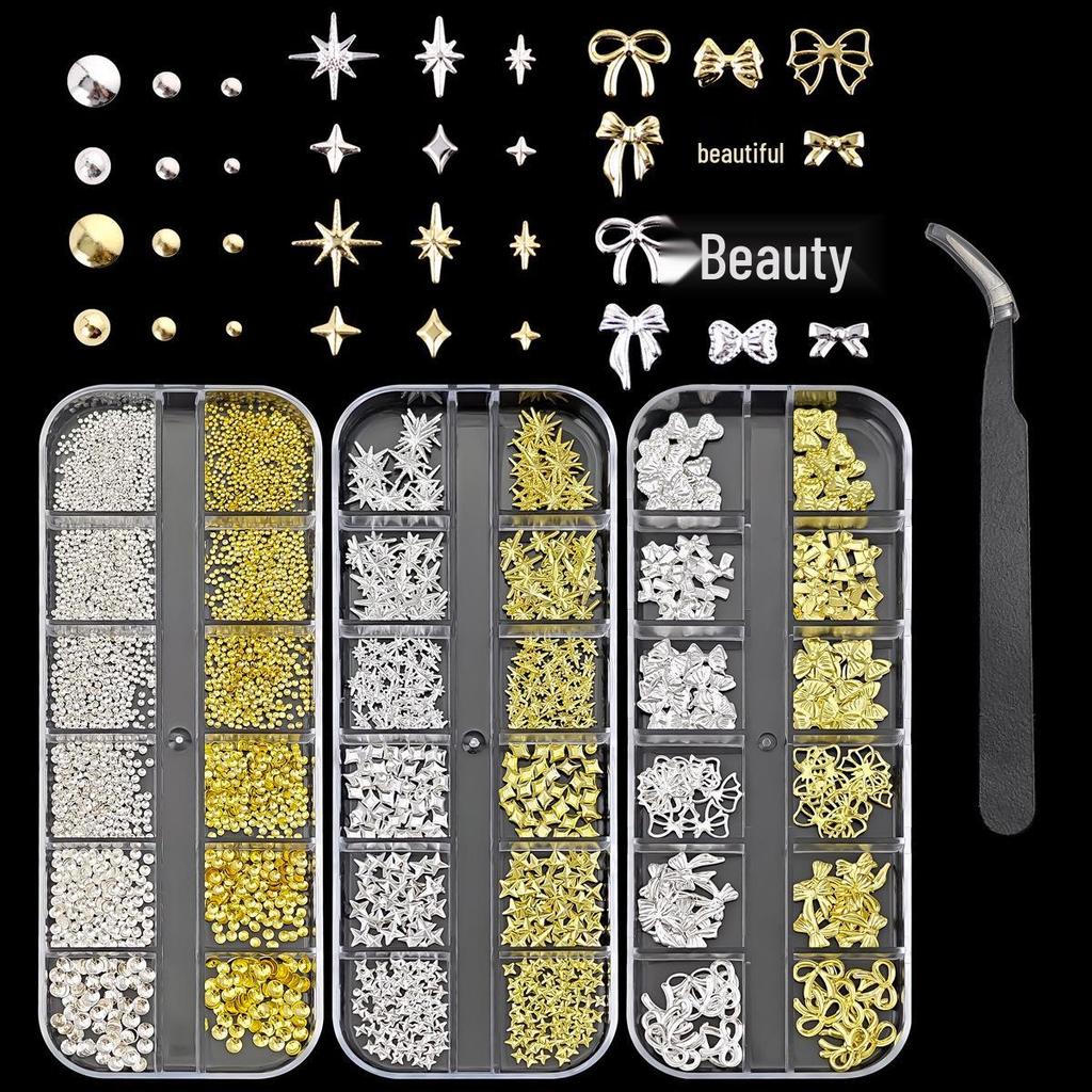 Decorazioni per Unghie Oro e Argento: Fiocco, Stella, Farfalla, Borchie, Perline e Strisce