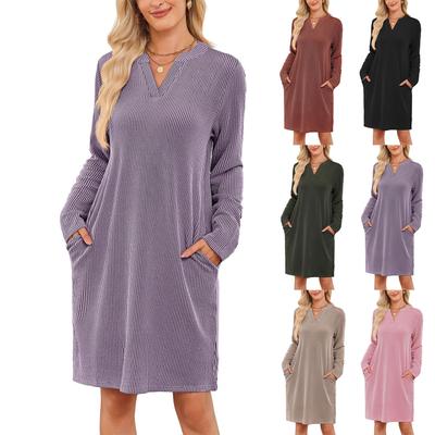 Women's Fashionable Solid Color V-neck Pocket Casual Long Sleeved Loose Dress