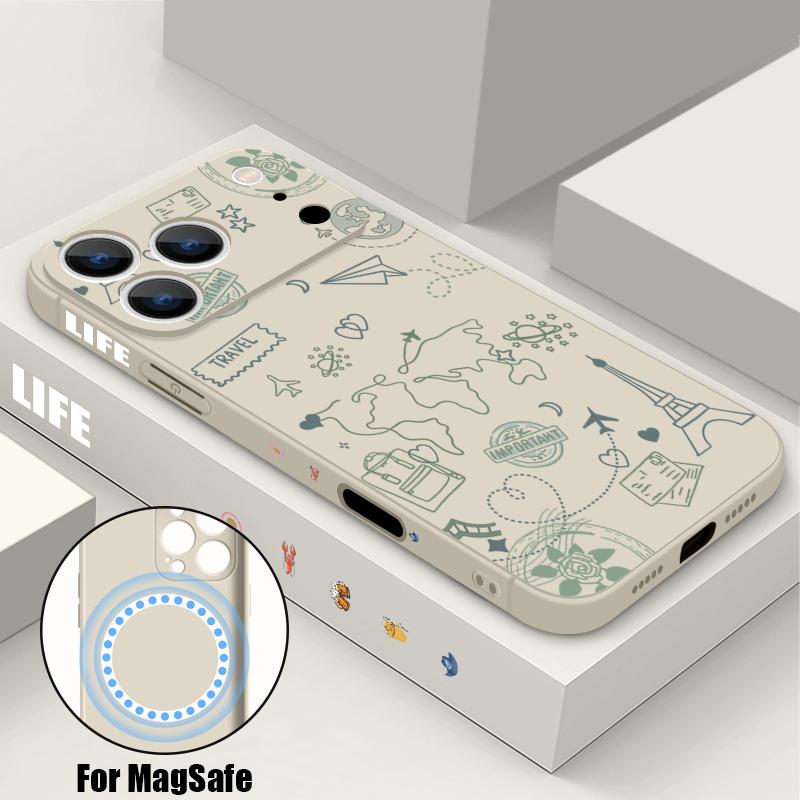 Magnetic For Magsafe Case For iPhone 17 Pro Max Cartoon Graffiti Travel Label Print Soft Silicone Phone Cover For iPhone 16 15 14 13 Pro Max 16e 17e