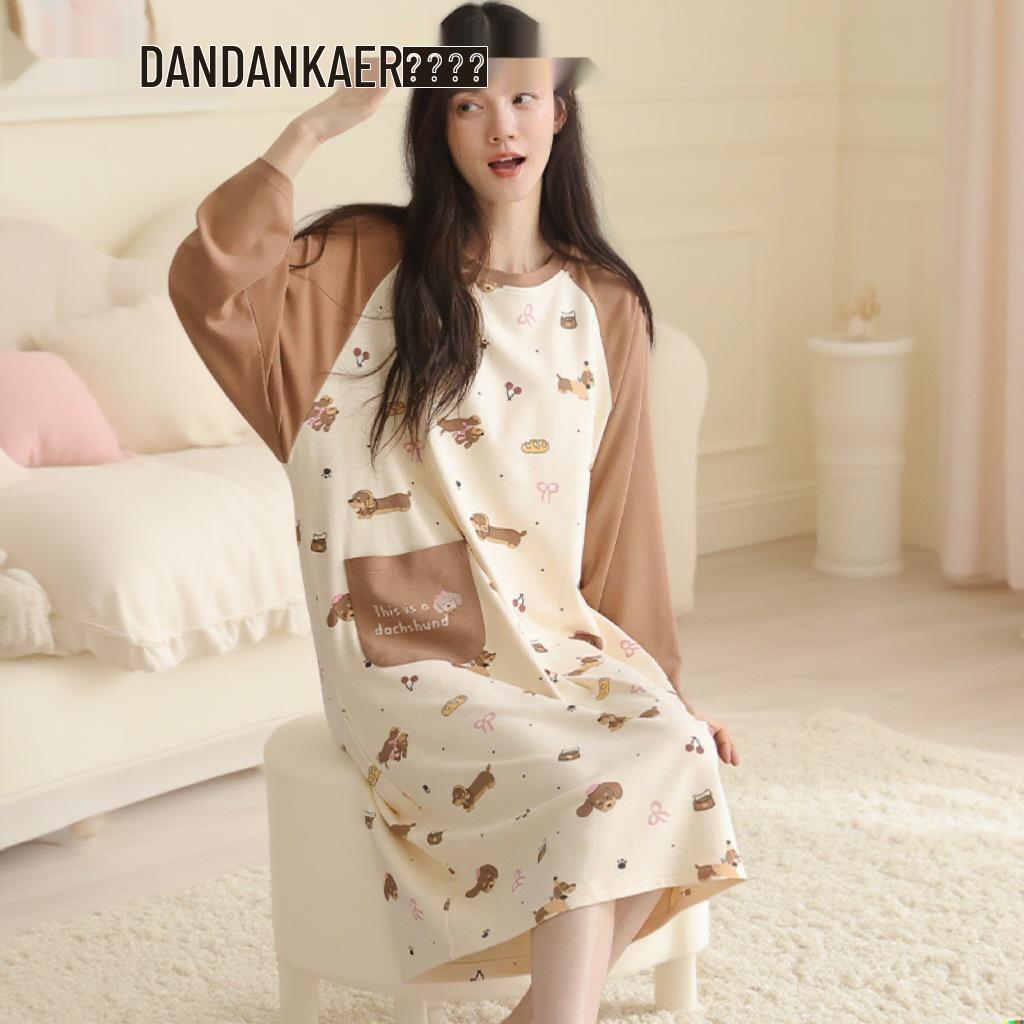 Damen Süßer Stil Langarm Mittellang Baumwoll-Nachthemd für Herbst