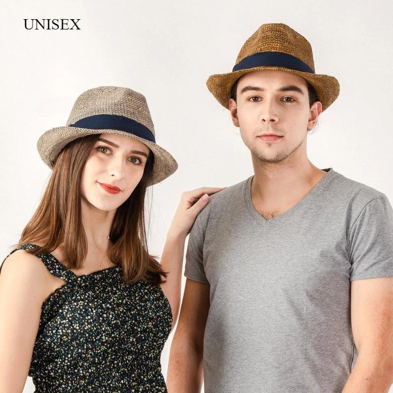 Natural Raffia Plus Size Jazz Sun Hats Men Women Summer Woven Trilby Straw Hat Fashion Sun Protection Beach Hat Panama 56-60cm