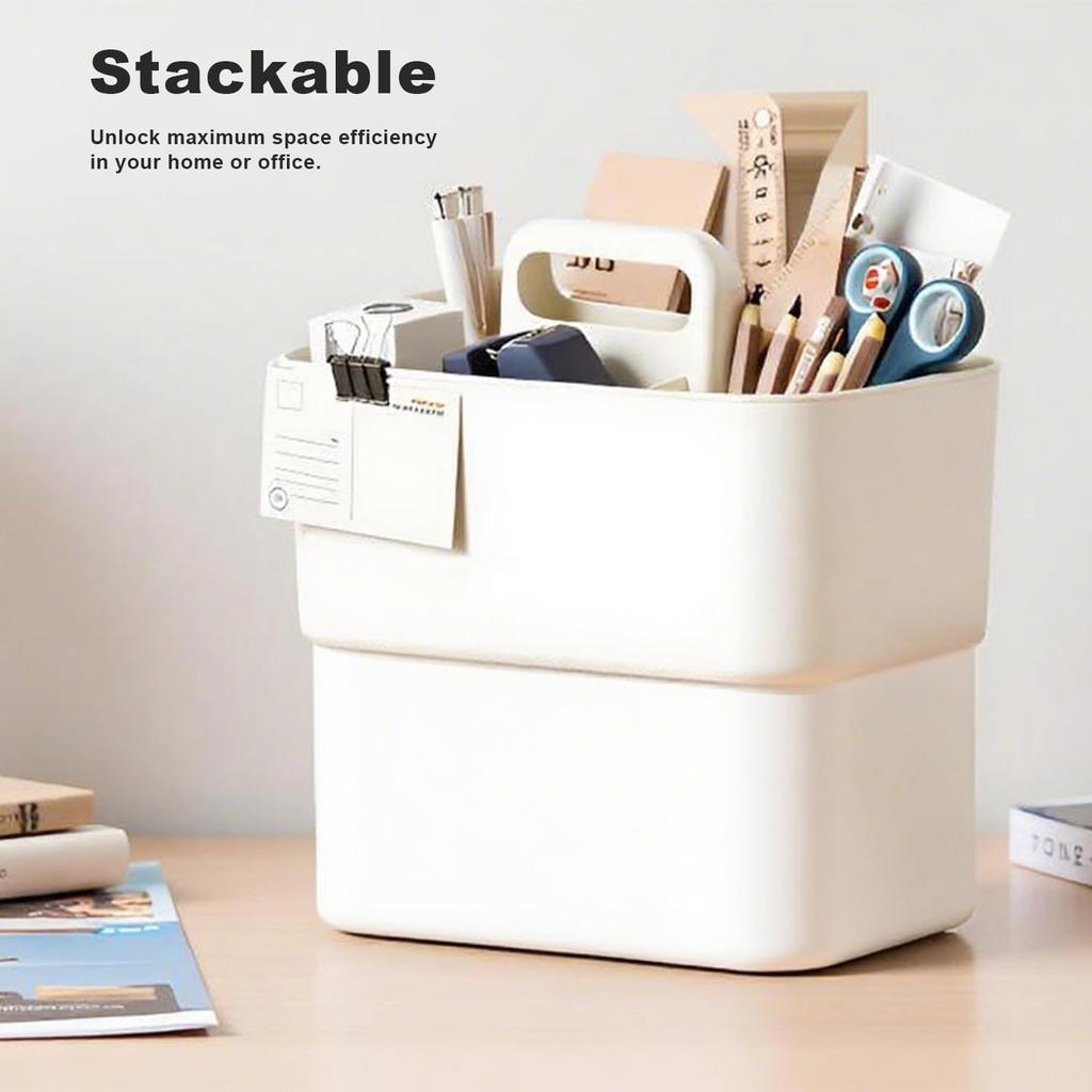 5 Compartment All-in-One Storage Basket with Handle,Plastic Desk Organizer for Pens.Office Supplies, Portable Desktop Tray