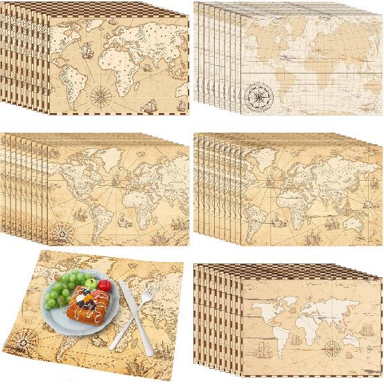 Eaasty 50 Disposable World Map Paper Placemats Vintage World Map for Old Paper Retro Style Decorative Travel Adventure Table Mat for Geography