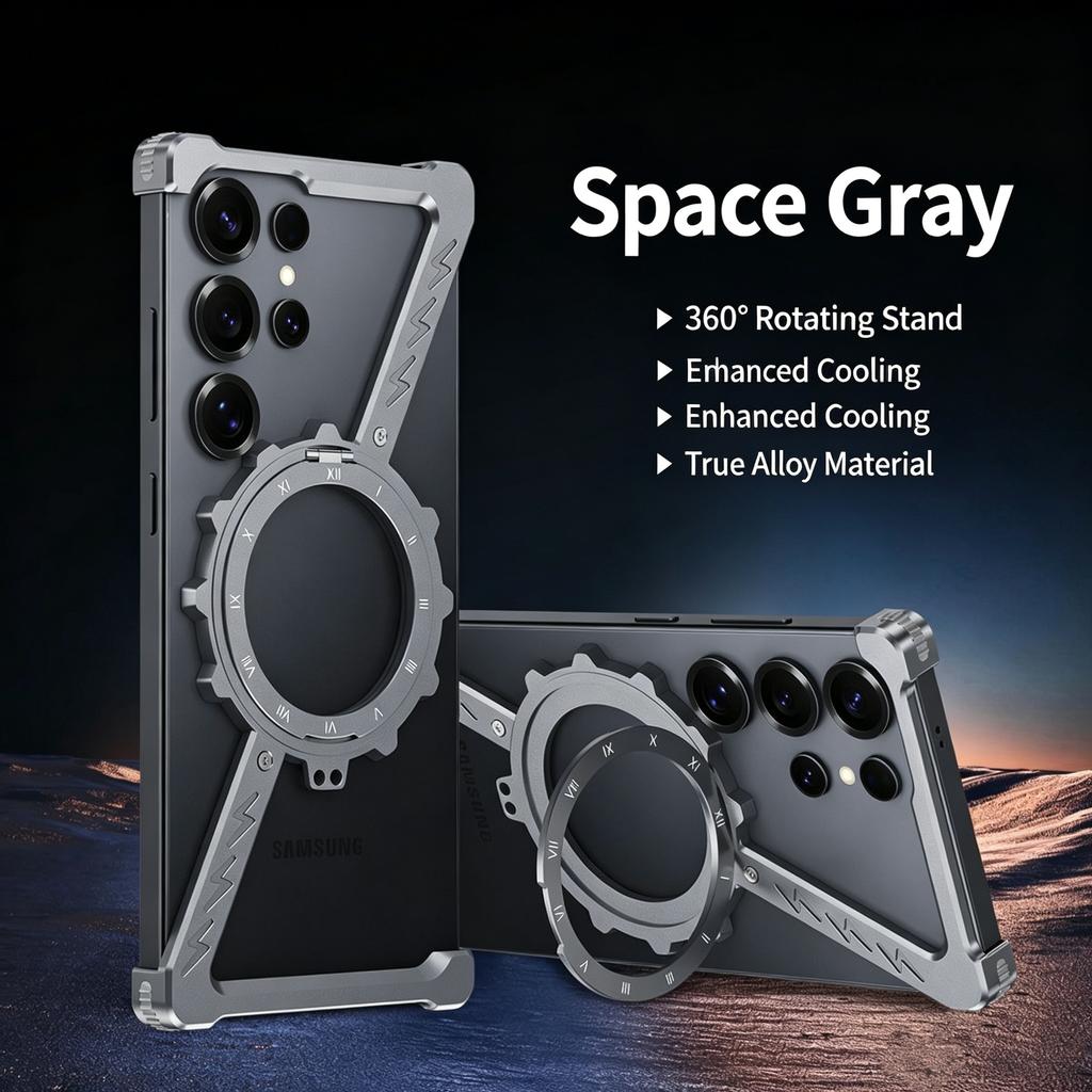 Metal Frameless Phone Case for Samsung Galaxy S26 S25 S24 S23 S22 Ultra With Stand 360° Rotation Magsafe Bumper Protective Cover