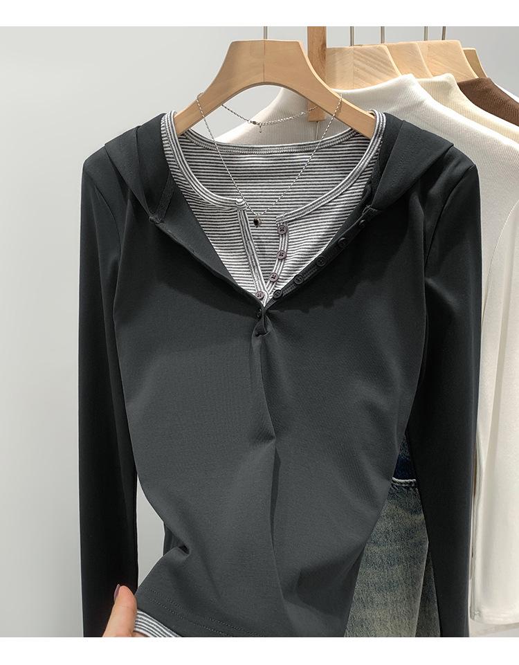 Korean Style Faux Two-Piece Hooded T-Shirt for Women, Slim-Fit & Flattering, Autumn/Winter 2026
