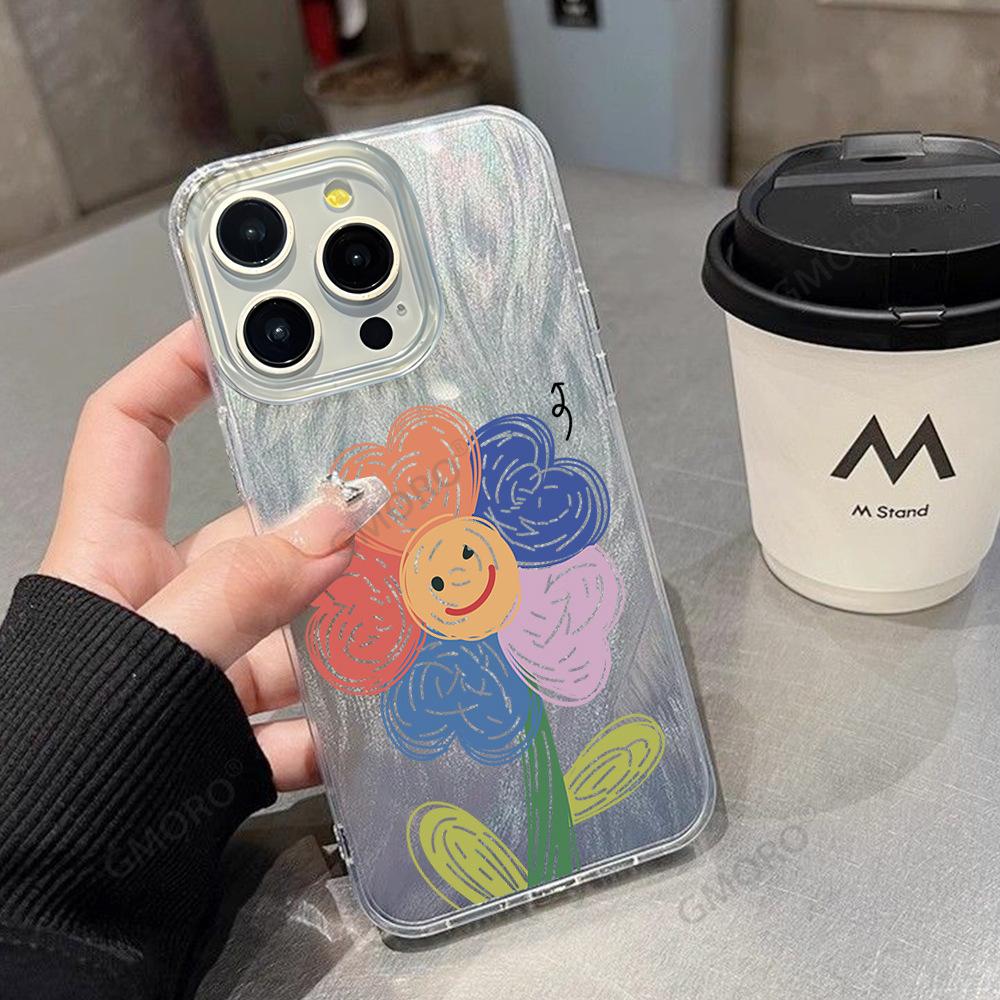 Illustration Smiley Face Flower Transparent Border Feather Case Apple 15 Mobile Phone Case New iPhone17 Premium Protective Case