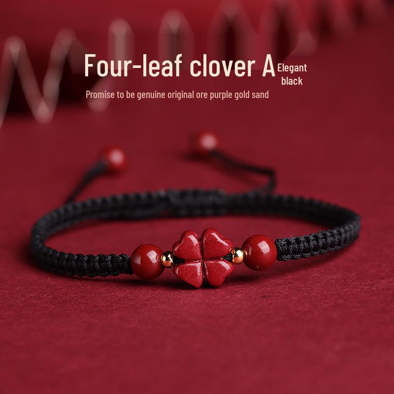 Authentic Cinnabar Four-Leaf Clover Bracelet with Purple Gold Sand and Red Rope for Women and Children