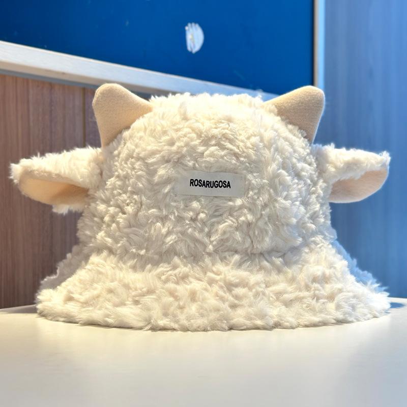 Cute plush lamb bucket hat women's autumn and winter warm versatile basin hat big head circumference show face small couple ear hat