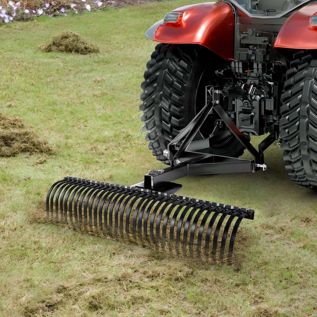 Tow Behind Dethatcher, 1525mm Tow Dethatcher with 32 Steel Tines, 3-Point Lawn Dethatcher Rake with Attachments for Tractor, Landscape Rake for