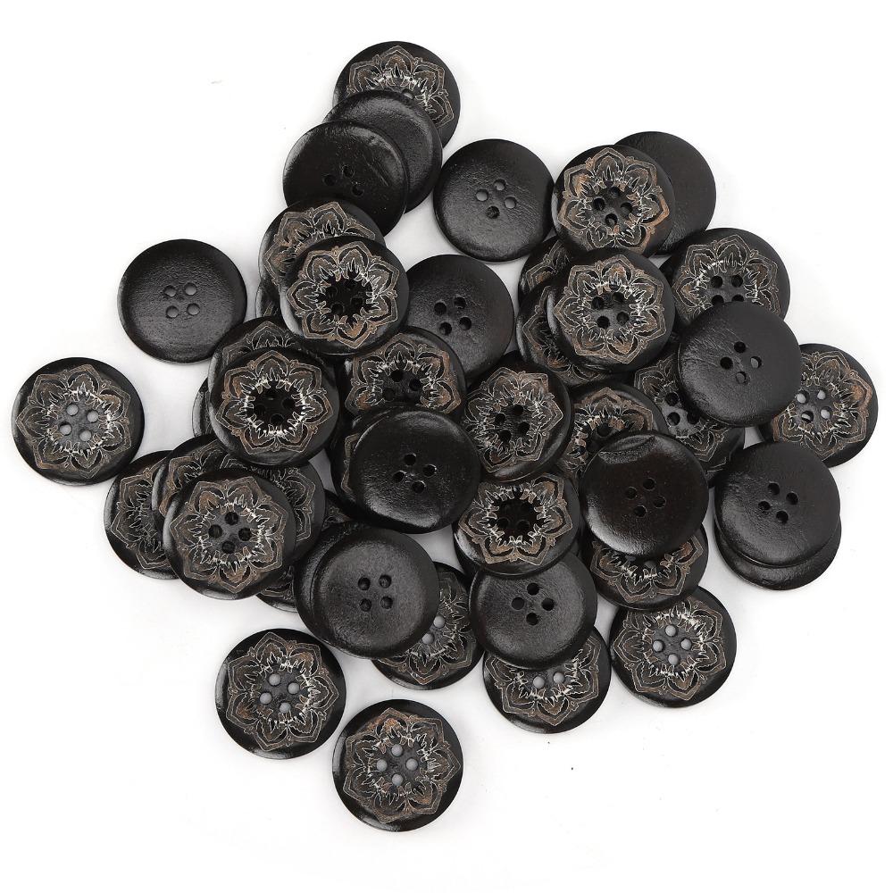 50pcs Handmade 25mm (1") Wooden Buttons 4 Hole Carved Flowers Round Buttons Sewing Accessories For Sewing DIY
